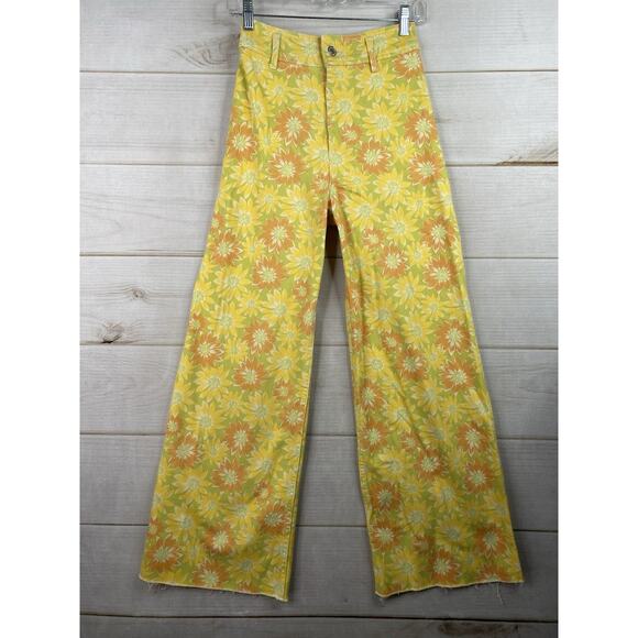 ZARA Women Jeans Size 2 Yellow Floral Print The Marine Straight Stretch Boho Hip - Picture 1 of 12